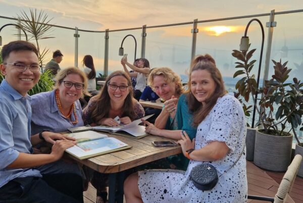 Group of friends including Nicola Lacey in Vietnam with The Owl Centre